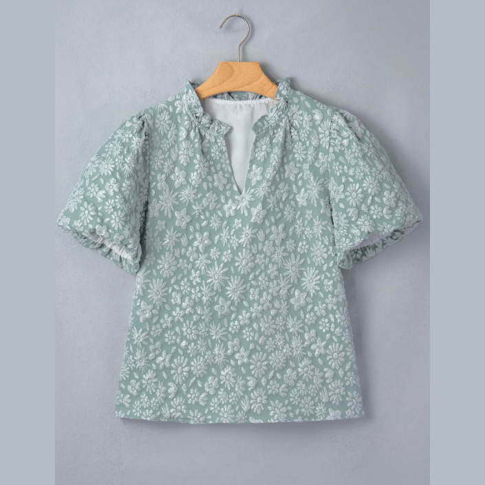 Mindi Iceland Blue Floral Textured Jacquard Puff Sleeve Blouse