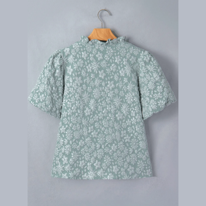 Mindi Iceland Blue Floral Textured Jacquard Puff Sleeve Blouse
