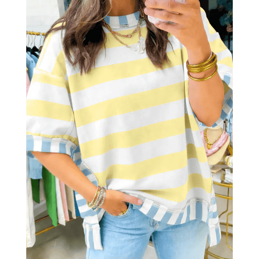 Skylyn Yellow Stripe Exposed Seam Contrast Patchwork Oversized Top