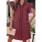 Aimee Red Sandalwood Frilled Detail Button Down Ruffle Short Sleeve Denim Mini Dress