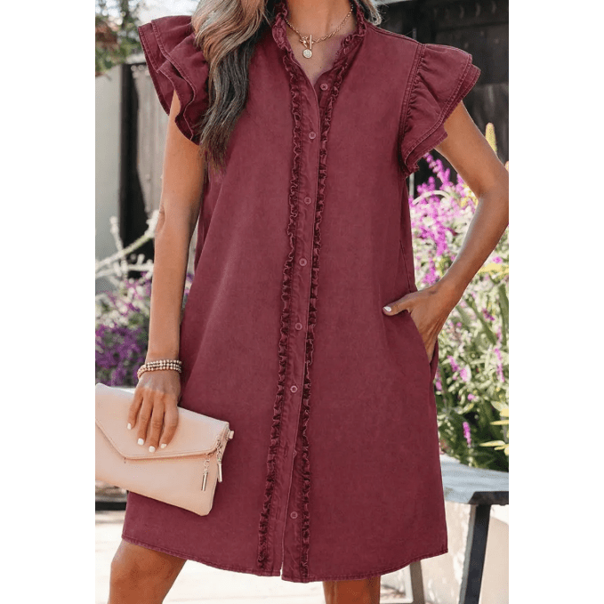 Aimee Red Sandalwood Frilled Detail Button Down Ruffle Short Sleeve Denim Mini Dress