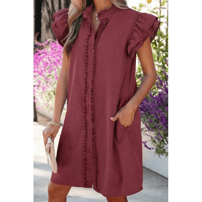 Aimee Red Sandalwood Frilled Detail Button Down Ruffle Short Sleeve Denim Mini Dress