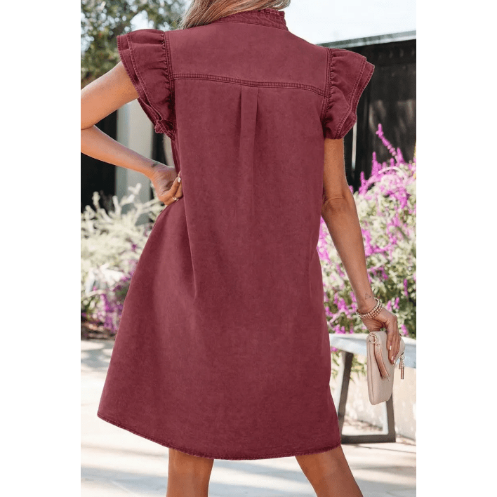 Aimee Red Sandalwood Frilled Detail Button Down Ruffle Short Sleeve Denim Mini Dress