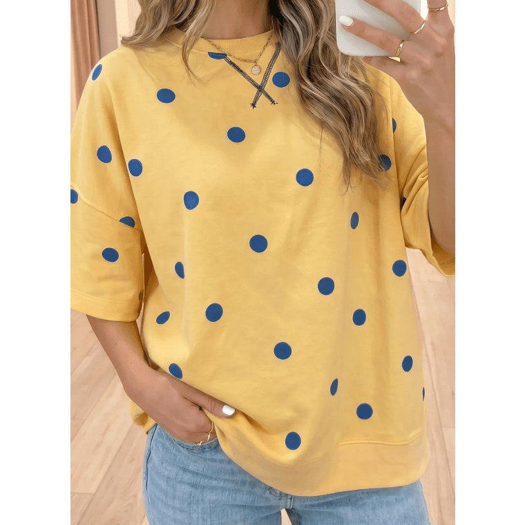 Stefani Yellow Polka Dot Print Crossed Seam Detail Oversize Tee