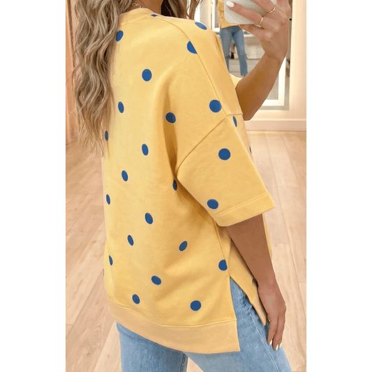 Stefani Yellow Polka Dot Print Crossed Seam Detail Oversize Tee