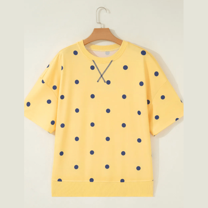Stefani Yellow Polka Dot Print Crossed Seam Detail Oversize Tee