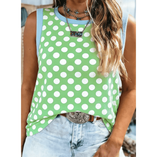 Lexia Green Polka Dot Contrast Trim Round Neck Loose Tank Top