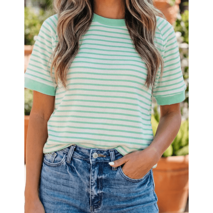 Vennie Green Stripe Colorblock Trim Round Neck Short Sleeve Tee