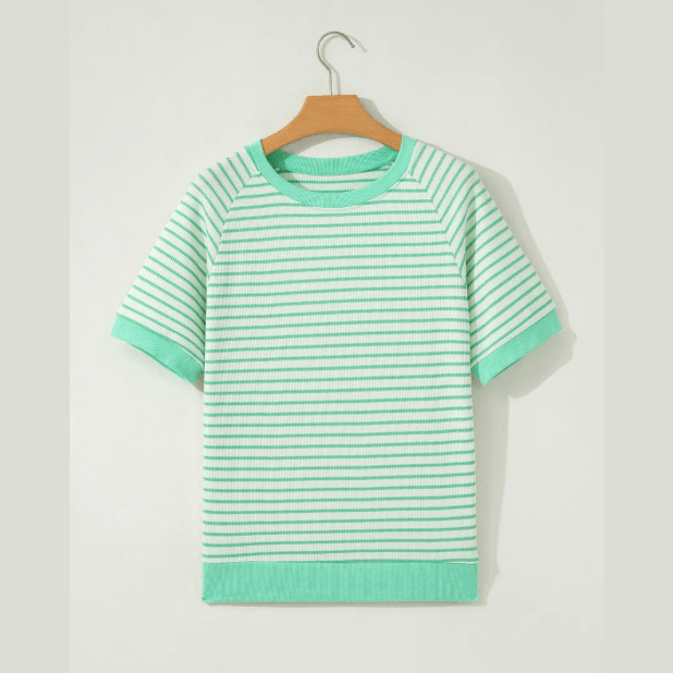 Vennie Green Stripe Colorblock Trim Round Neck Short Sleeve Tee