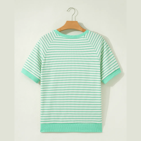 Vennie Green Stripe Colorblock Trim Round Neck Short Sleeve Tee