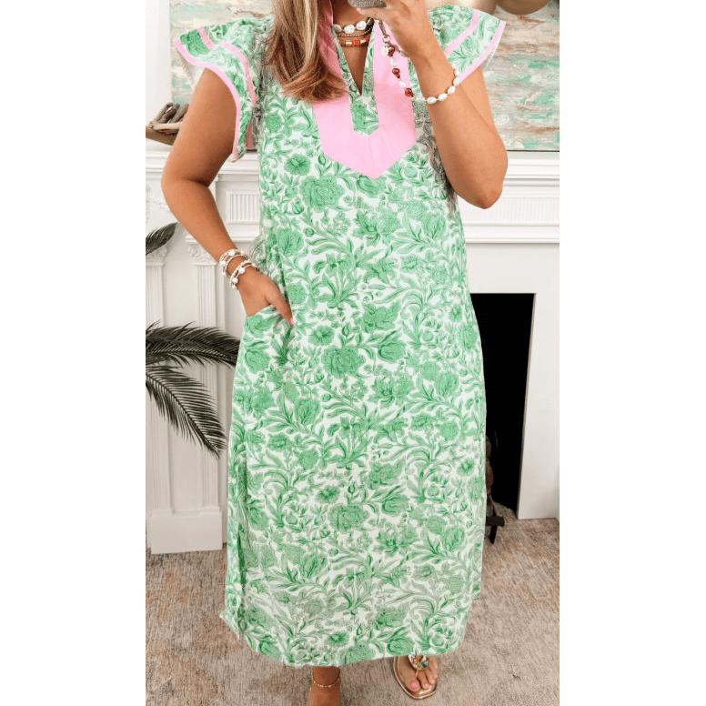 Kedra Green Plus Size Contrast Trim Flutter Sleeve Floral Kaftan Maxi Dress