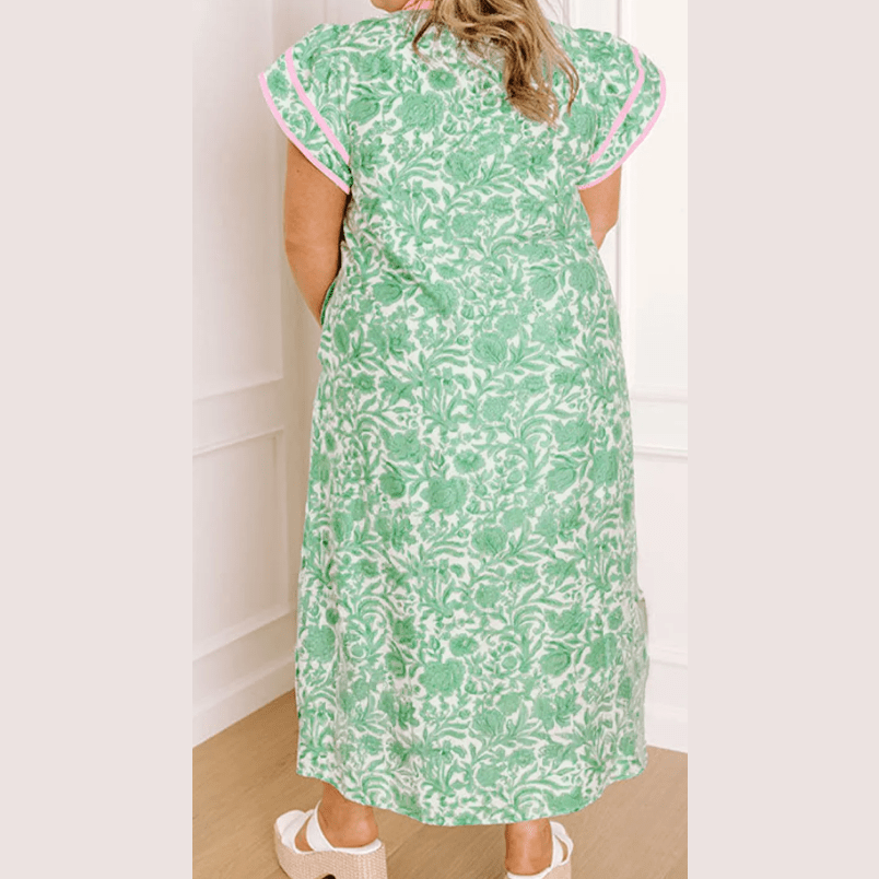 Kedra Green Plus Size Contrast Trim Flutter Sleeve Floral Kaftan Maxi Dress
