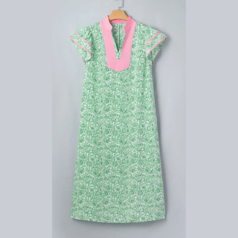 Kedra Green Plus Size Contrast Trim Flutter Sleeve Floral Kaftan Maxi Dress