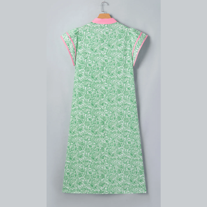 Kedra Green Plus Size Contrast Trim Flutter Sleeve Floral Kaftan Maxi Dress