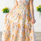RTS Orange Floral Bubble Sleeve V Neck Flared Maxi Dress