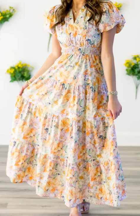 RTS Orange Floral Bubble Sleeve V Neck Flared Maxi Dress