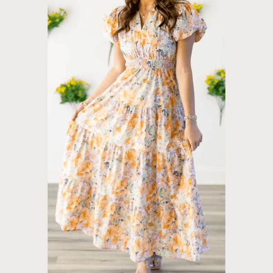RTS Orange Floral Bubble Sleeve V Neck Flared Maxi Dress