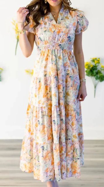 RTS Orange Floral Bubble Sleeve V Neck Flared Maxi Dress