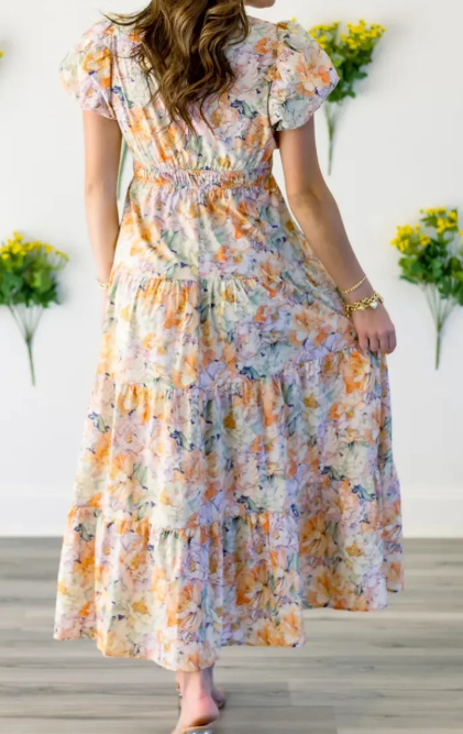 RTS Orange Floral Bubble Sleeve V Neck Flared Maxi Dress