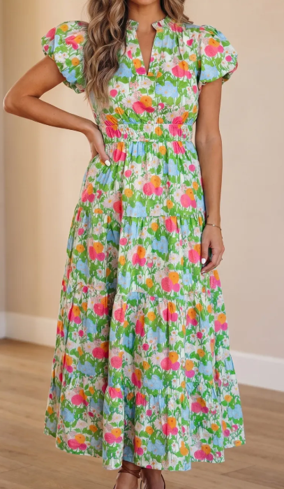 RTS Green Floral Print V Neck Short Puff Sleeve Cotton Maxi Dress
