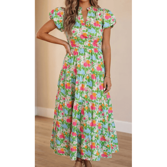 RTS Green Floral Print V Neck Short Puff Sleeve Cotton Maxi Dress