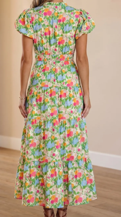 RTS Green Floral Print V Neck Short Puff Sleeve Cotton Maxi Dress
