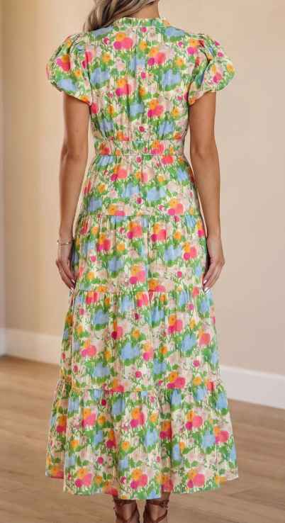 RTS Green Floral Print V Neck Short Puff Sleeve Cotton Maxi Dress