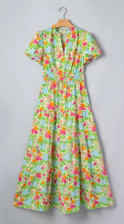 RTS Green Floral Print V Neck Short Puff Sleeve Cotton Maxi Dress