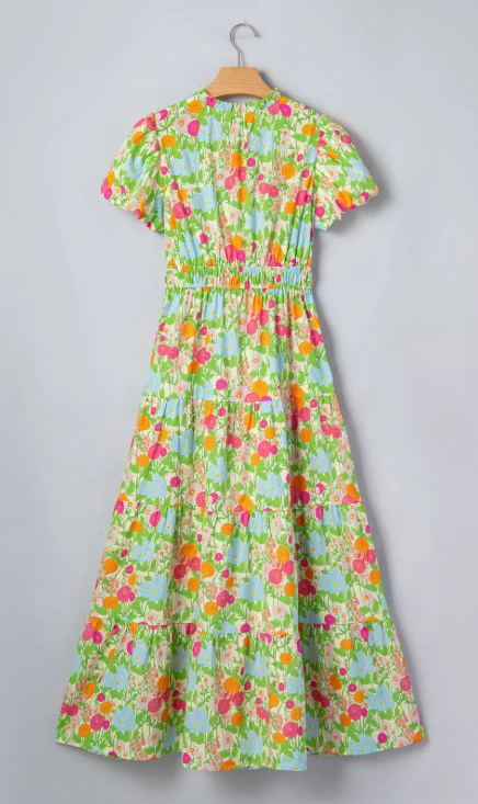 RTS Green Floral Print V Neck Short Puff Sleeve Cotton Maxi Dress
