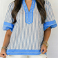 RTS Sky Blue Stripe Color Block Detail V Neck Short Sleeve Blouse