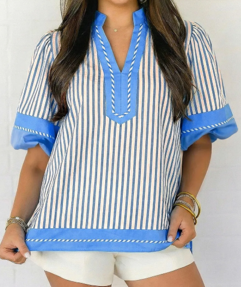 RTS Sky Blue Stripe Color Block Detail V Neck Short Sleeve Blouse