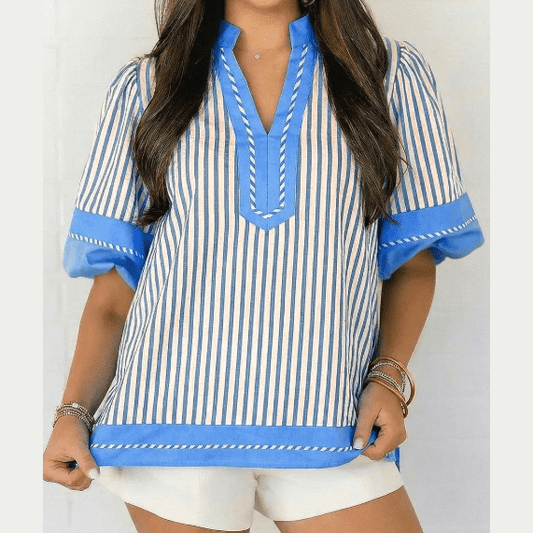 RTS Sky Blue Stripe Color Block Detail V Neck Short Sleeve Blouse