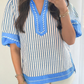 RTS Sky Blue Stripe Color Block Detail V Neck Short Sleeve Blouse