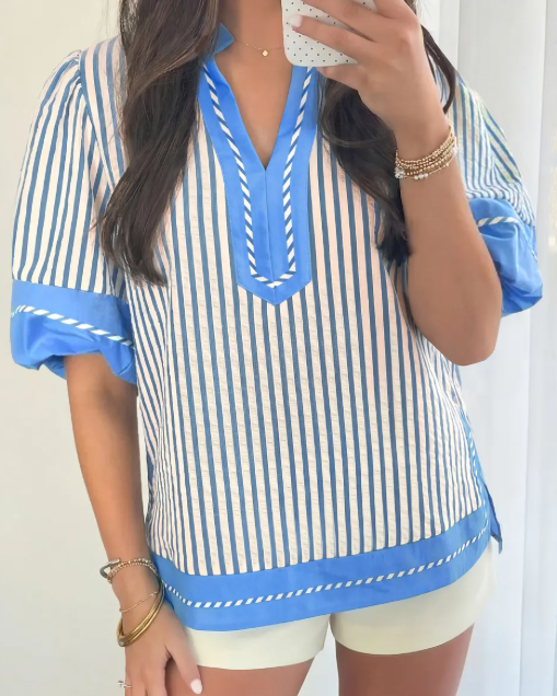 RTS Sky Blue Stripe Color Block Detail V Neck Short Sleeve Blouse