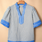 RTS Sky Blue Stripe Color Block Detail V Neck Short Sleeve Blouse