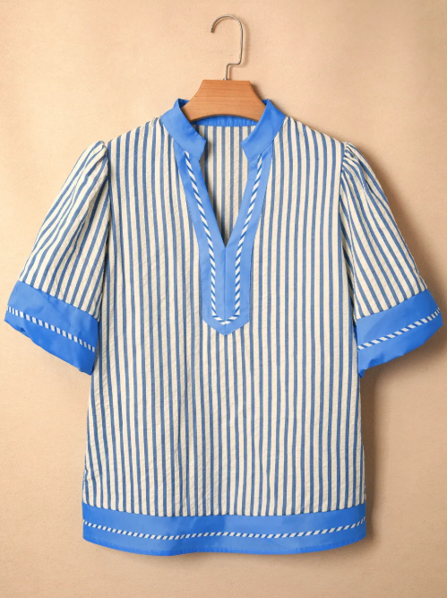 RTS Sky Blue Stripe Color Block Detail V Neck Short Sleeve Blouse