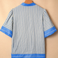 RTS Sky Blue Stripe Color Block Detail V Neck Short Sleeve Blouse