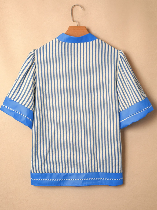 RTS Sky Blue Stripe Color Block Detail V Neck Short Sleeve Blouse