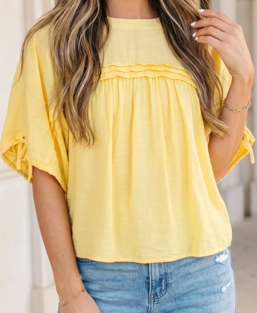 RTS Yellow Cream Tie Half Sleeve Pleated Detail Babydoll Blouse