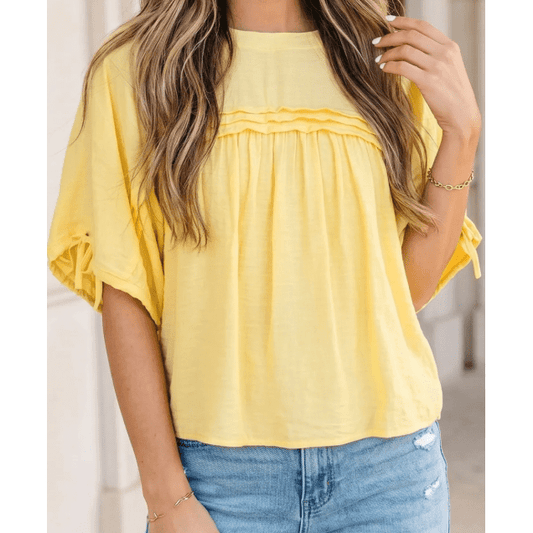 RTS Yellow Cream Tie Half Sleeve Pleated Detail Babydoll Blouse