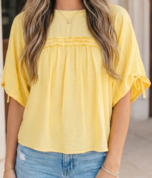 RTS Yellow Cream Tie Half Sleeve Pleated Detail Babydoll Blouse
