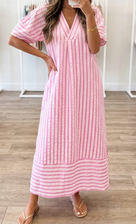 RTS Pink Stripe V Neck Short Sleeve Shift Long Dress