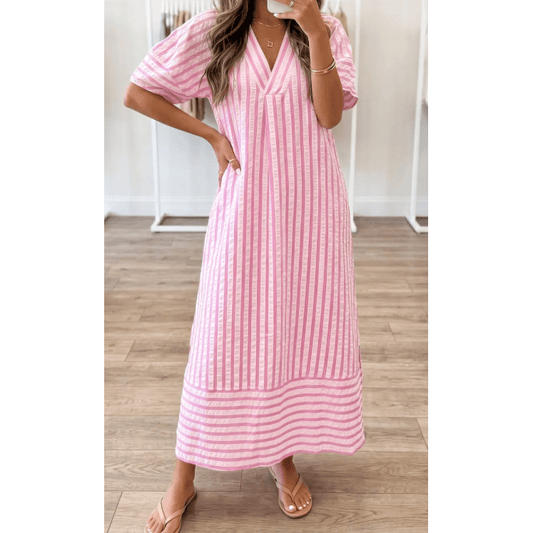 RTS Pink Stripe V Neck Short Sleeve Shift Long Dress