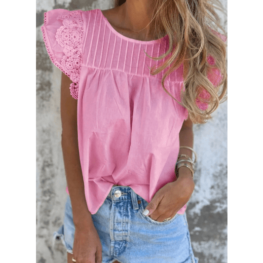 RTS Bonbon Pink Lace Detail Flutter Sleeve Pleated Round Neck Blouse