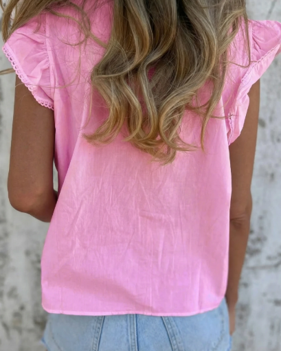 RTS Bonbon Pink Lace Detail Flutter Sleeve Pleated Round Neck Blouse