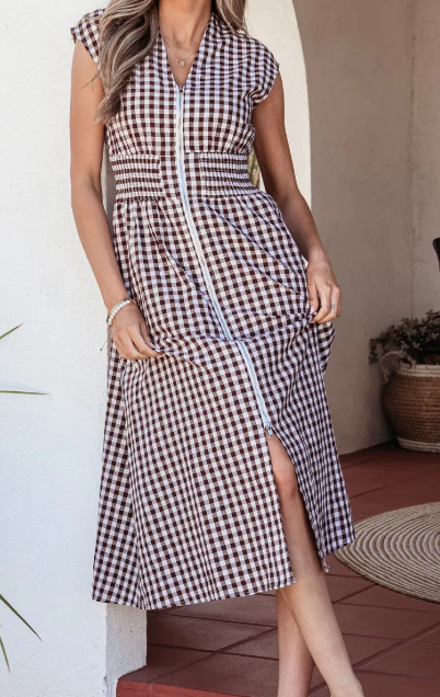 SALE!!!  Blakely Coffee Plaid Print Full Zipper Cinched Waist Fit Flare Sleeveless Maxi Dress