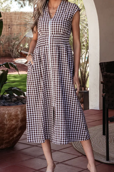 SALE!!!  Blakely Coffee Plaid Print Full Zipper Cinched Waist Fit Flare Sleeveless Maxi Dress