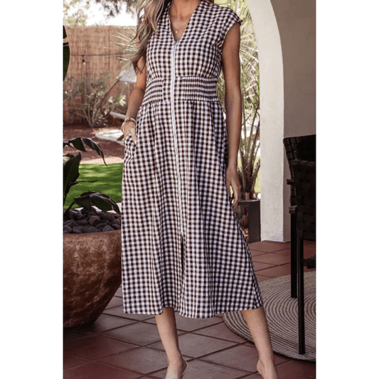 SALE!!!  Blakely Coffee Plaid Print Full Zipper Cinched Waist Fit Flare Sleeveless Maxi Dress