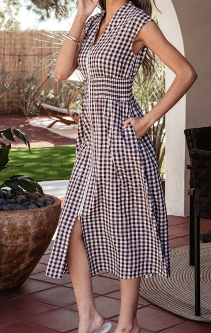 SALE!!!  Blakely Coffee Plaid Print Full Zipper Cinched Waist Fit Flare Sleeveless Maxi Dress