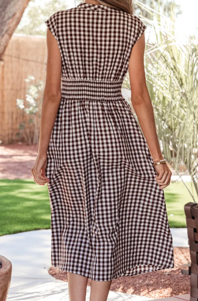 SALE!!!  Blakely Coffee Plaid Print Full Zipper Cinched Waist Fit Flare Sleeveless Maxi Dress